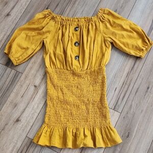 Zara Mustard Off-Shoulder Mini Dress Linen Blend Women's Size Small